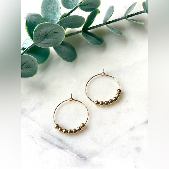 Handmade Minimalist Gold Hoops with gold beads - Picture 1 of 2